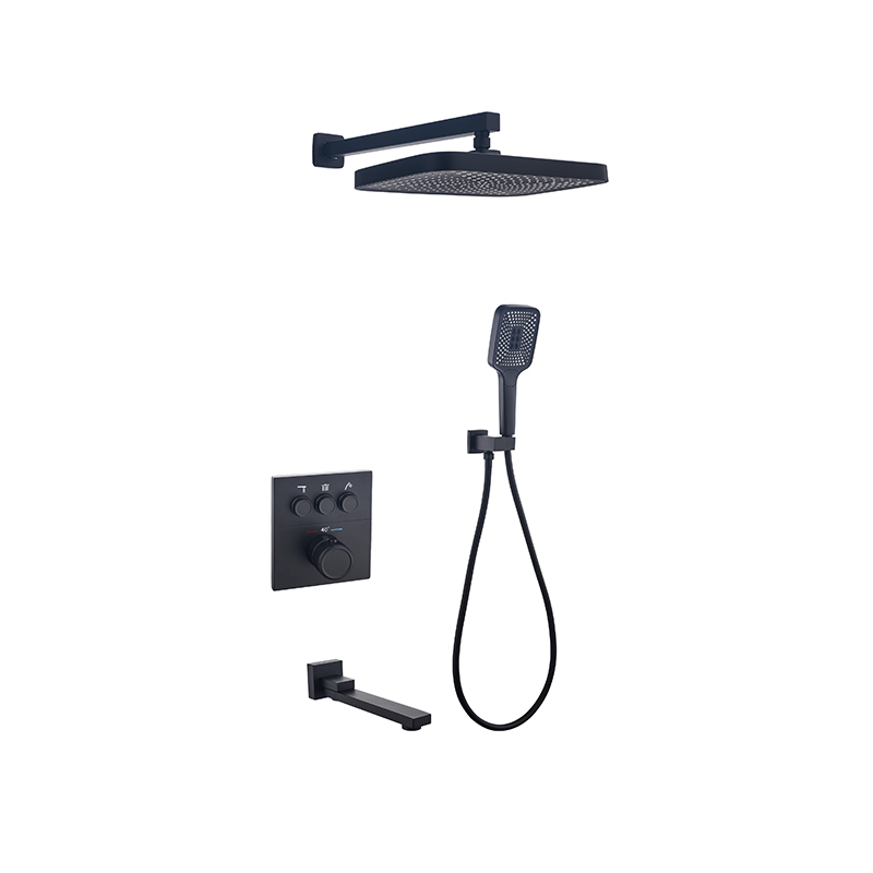 1301B Modern matte black shower set with square rainfall head, handheld sprayer, and wall-mounted mixer.