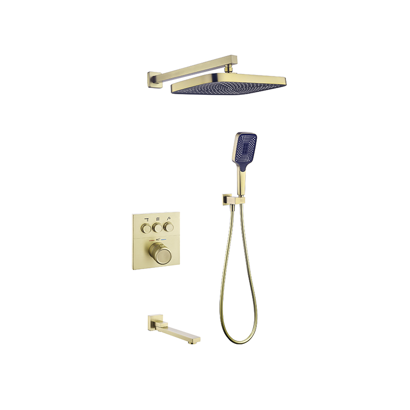 1301C Contemporary shower set featuring gold finish, rainfall showerhead, hand shower, and tub spout.