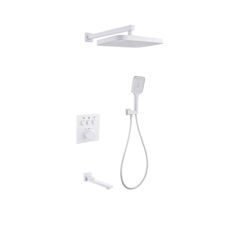 1301F Luxury wall-mounted milk white shower set with rainfall head and handheld shower for modern bathrooms.