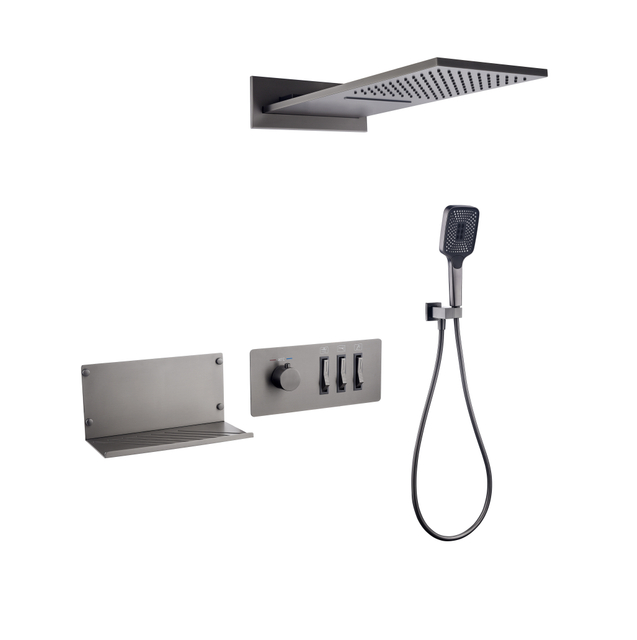 High Quality 3 Functions Big Sprayer Black Shelf Shower Brass Body Rain Waterfall Bathroom Shower Set