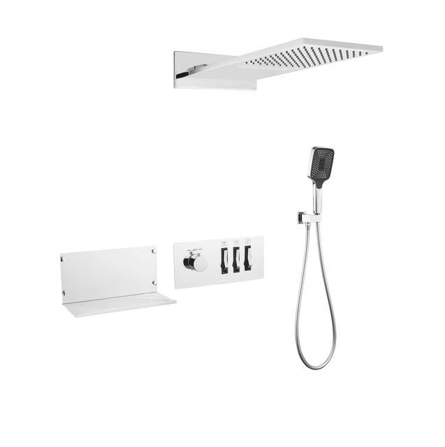 High Quality 3 Functions Big Sprayer Black Shelf Shower Brass Body Rain Waterfall Bathroom Shower Set