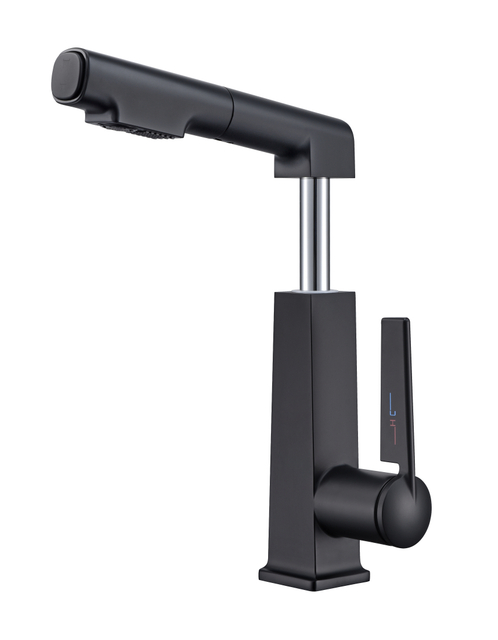 High Quality Luxury Single Hole Matte Black Modern Style Pull out Bathroom Basin Faucet