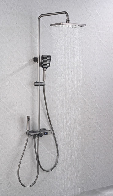 High Quality Temperature 5 Function Digital Show Gun Gray Bidet Button Control Mixer Complete Rain Brass Shower Set