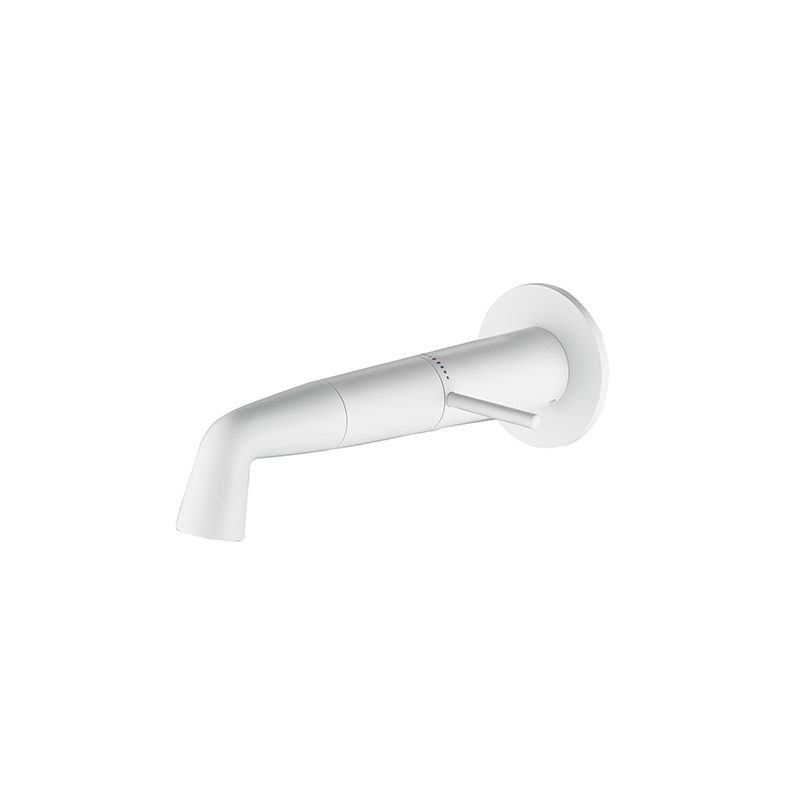Modern wall mount basin faucet installed over a minimalist bathroom sink